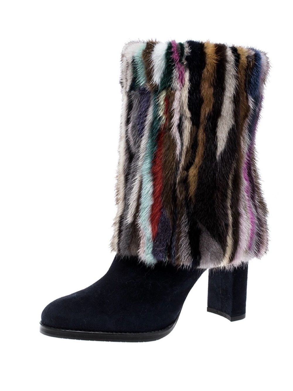 Stuart Weitzman NEW Navy Suede & Mink Fur Boots size 38.5